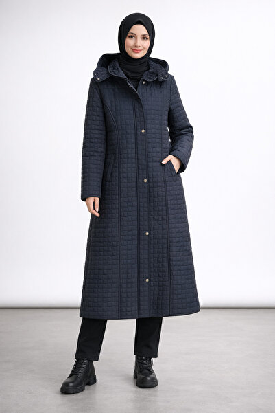 PALMİYE GİYİM Kadın Kapüşonlu İçi Kışlık Teddy Kumaş Kapitone Ara Boy Mont-Siyah