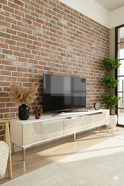 YUMEDİ DESİGN TSA1805BTS - DÜNYA TV STAND , TV SEHPASI 180CM BEYAZ-TRAVERTEN-...