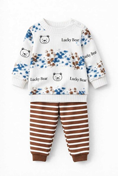 Oz Baby Lucky Bear Printed Unisex Cotton Baby Set Long Sleeve Top Striped Bottom