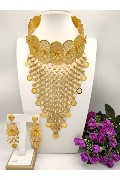 BirYıldızOl Altın Kaplama Hint Takı Seti Büyük Gerdanlık Küpe Seti Abiye Set
