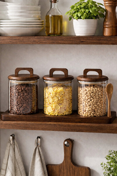 Paşabahçe 3'lü Kaşıklı Akasya Standlı Akasya Kapaklı Cam Kavanoz Seti-3'lü Mu...