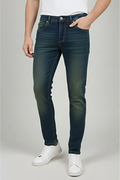 DeepSEA Navy Blue Stonewashed Stretch Fabric Slim Fit Denim Trousers Slim Fit...