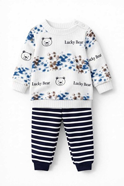 Oz Baby Lucky Bear Baskılı Unisex Pamuklu Bebek Takımı Uzun Kollu Üst Çizgili...