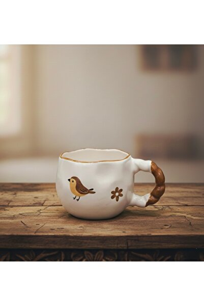Çağ Seramik Kuş Desenli El Yapımı Seramik Kupa – Kulplu Krem Kahve Kupası