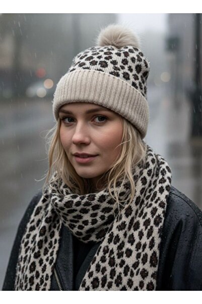 stravis Knitwear Leopard Patterned Scarf Beanie Set