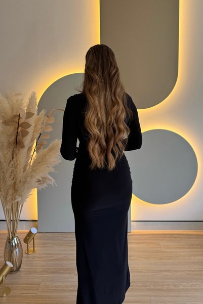 Aventien Double-Breasted Yaka Draped Elegant Black Dress