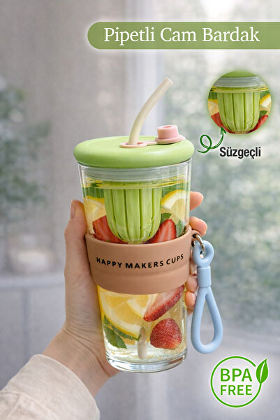 naturelove Pipetli Borosilikat Cam Pipetli Bardak -Taşıma Kulplu Süzgeçli Tas...