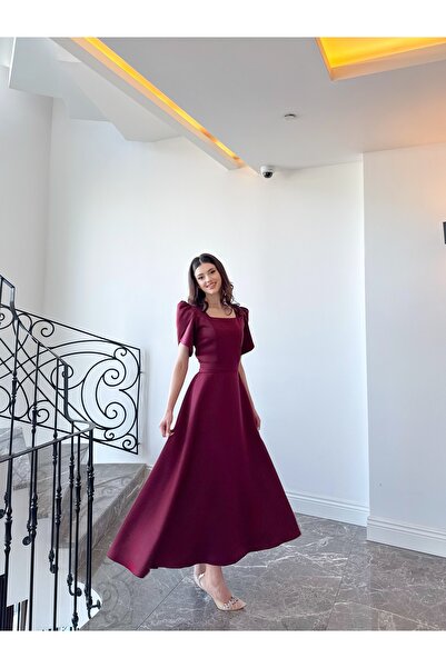 BEYZATURAN Olen Burgundy Short Sleeve Maxi Long Flared Skirt Dress Evening Dress