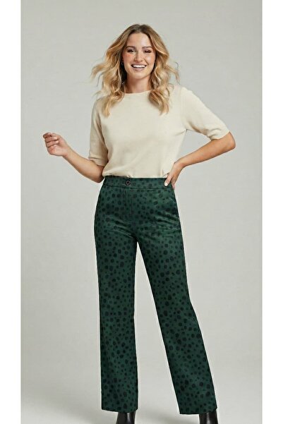 puerpuellamoda Puerpuella moda Kadın Trend Yeşil Soyut Desenli Wide Leg Rahat...