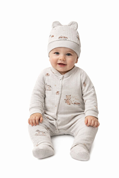 Butik Ayıcık Detaylı Erkek Bebek Fermuarlı Şapkalı Tulum