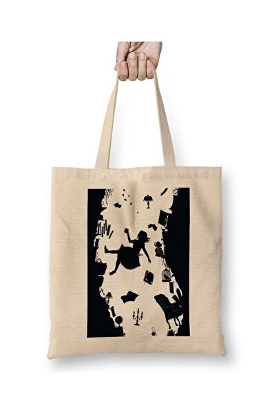 Toyaso Geantă de pânză albă Alice Down Geantă de cumpărături cu mâner lung Ge...