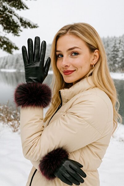 stravis قفازات جلدية بوردو مع فرو على المعصم