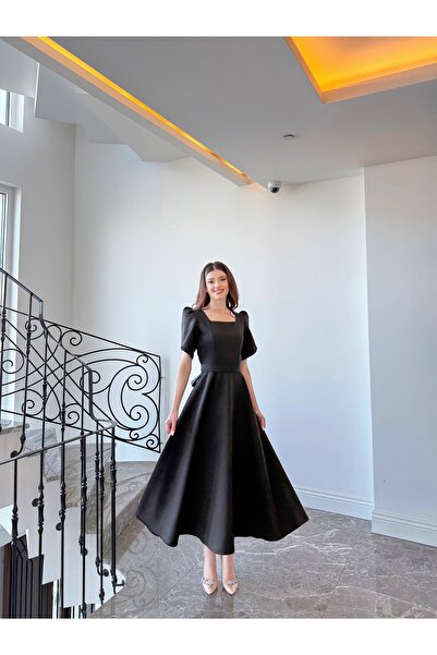 BEYZATURAN Olen Black Short Sleeve Maxi Long Length Flared Skirt Dress Evenin...