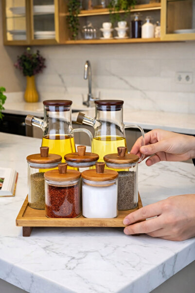 Paşabahçe 5'li Akasya Kapaklı Çizgili 2 Boy Cam Saklama Kavanozu (3x330ml+2x2...