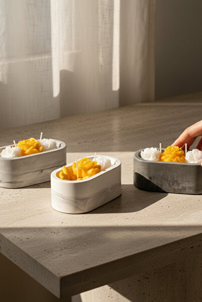 Nadisse El Yapımı Mermer Desenli Beton Mumluk İçinde Çiçek Figürlü Soya Mum |...