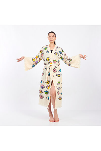 PERAVES Muslin Kimono Organic Cotton 100% Natural Natural Stone Printed Ethni...