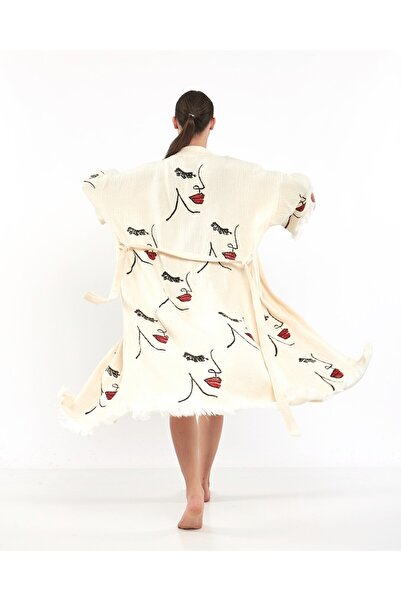 PERAVES Muslin Kimono Organic Cotton 100% Natural Natural Stone Printed Ethni...