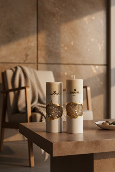 Nadisse El Yapımı Altın Detaylı Kristal Sütun Mum | Premium Dekoratif Mum | L...