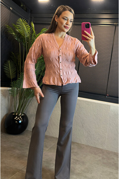 MİR STORE Pink Textured Fabric Fly Sleeve Knit Cardigan