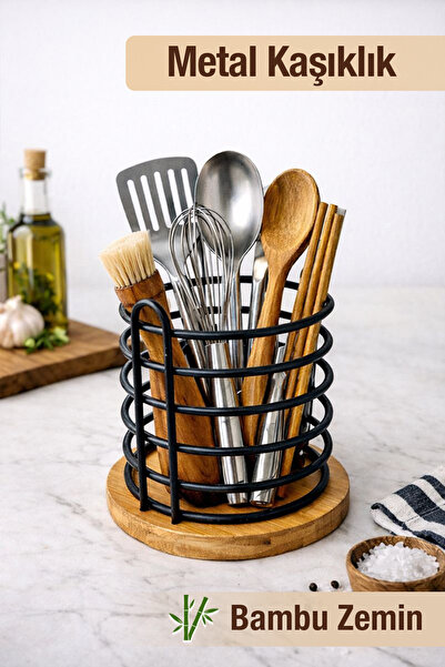 naturelove Bambu & Metal Standlı Tezgah Üstü Kaşıklık - Çok Amaçlı Mutfak Düz...