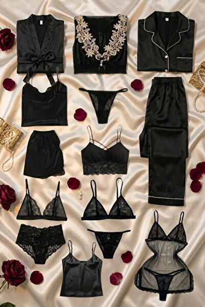 ZENCHES Kadın Siyah Saten ve Tül 15 Parça Çeyizlik Takım - Saten Pijama Gecel...