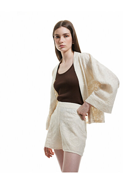 Koton Women's Beige Broderie Mini Shorts