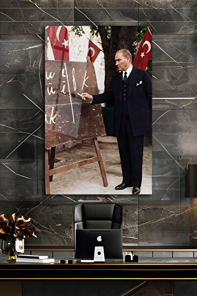 home dekors Başöğretmen Atatürk Harf Devrimi Temalı Cam Tablo - Kırılmaz Temp...