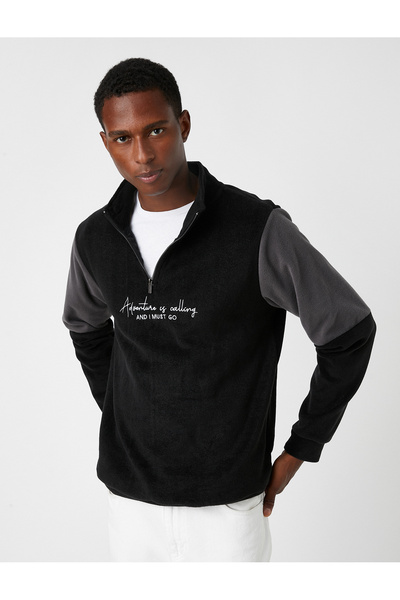 Koton سويت شيرت رجالي أسود بياقة بسحاب من الصوف القطبي