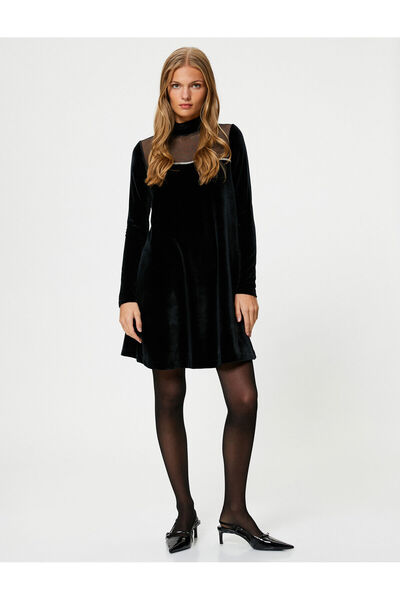 Koton High Neck Glitz Stone and Tulle Detail Mini Velvet Dress