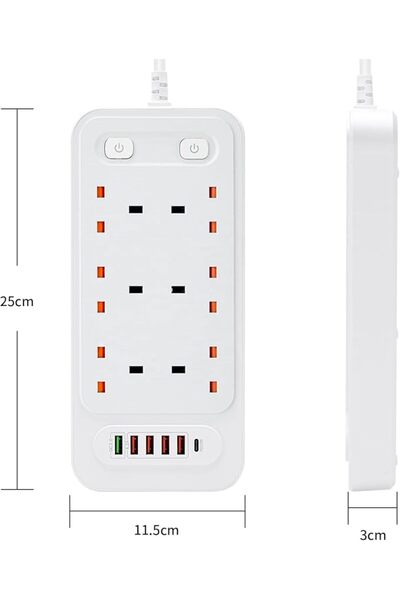 NO BRAND Universal 6-Way Power Outlet Strip with Fast Charging – US Plug (Black)