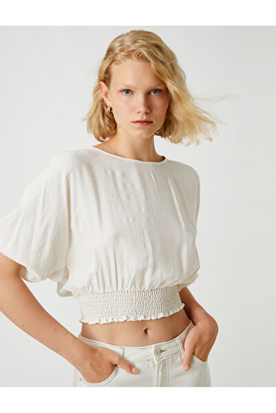 Koton Women's Off White Crop Blouse Elastic Waist