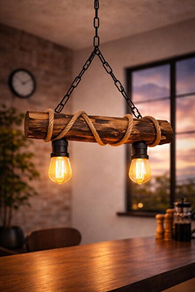 ŞEN AHŞAP AVİZE TASARIM Ahşap Eskitme halatli 2 li Avize