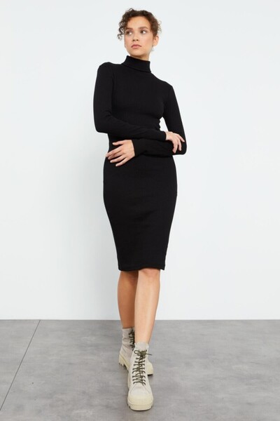 Melva Women's Ribbed Knit Slitless Long Sleeve Dress Black 110 cm