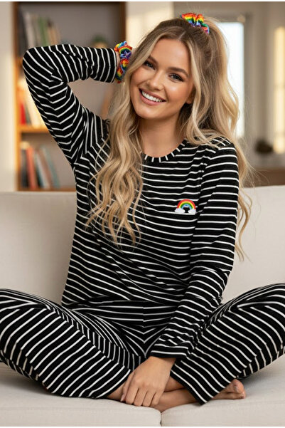 Siyah İnci Black and White Line Pattern Rainbow Printed Viscose Knitted Pajam...