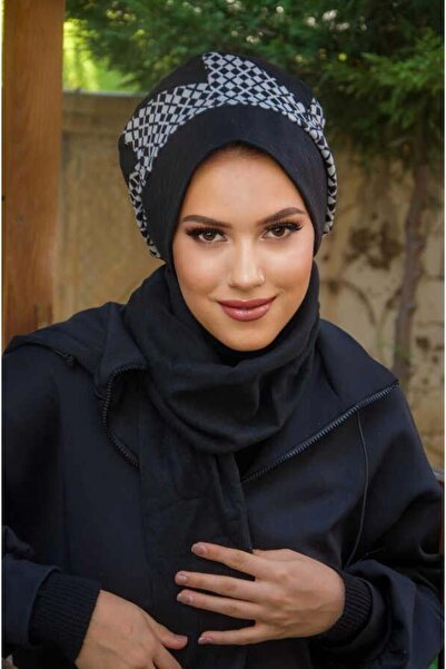 Aişe tesettür Siyah Beyaz Garnili Tesettür Bere