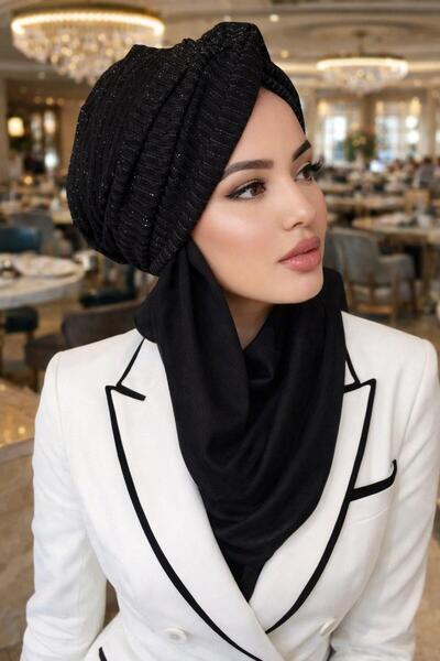 Aişe tesettür Siyah Işıltılı Burgulu Bone