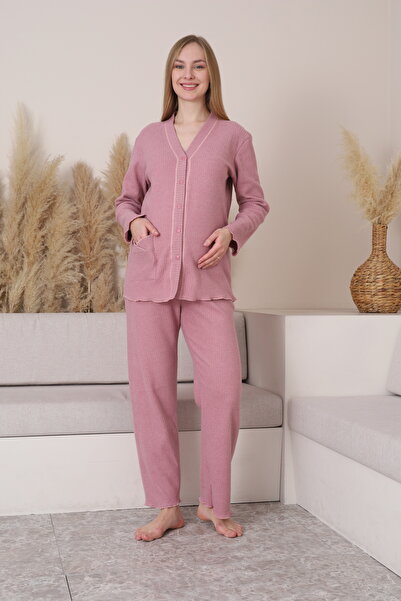 Miss Dünya Lissa Front Buttoned Soft Fabric Adjustable Waist V-Neck Long Slee...