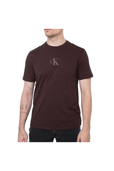 Calvin Klein Erkek CK Yazı Detay Kısa Kol Bisiklet Yaka Kahverengi T-Shirt LV...