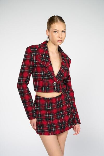 Thalure Women's Red Plaid Crop Blazer