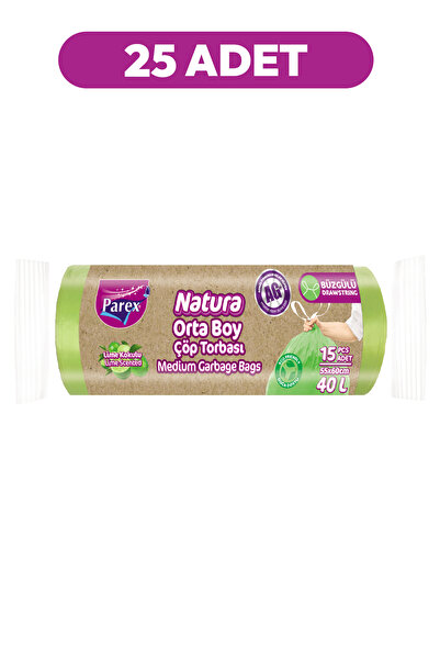 Parex Natura Büzgülü Çöp Torbası 15'li Orta Boy 55 x 60 cm 25'li Paket