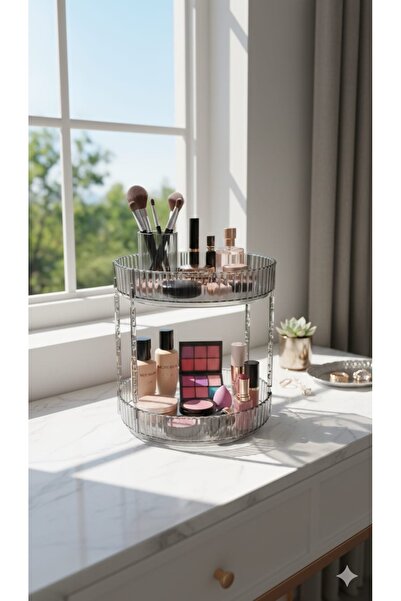 Real Mutfak منظم مستحضرات التجميل ذو طبقتين مع دوران 360 درجة لتنظيم الحمام