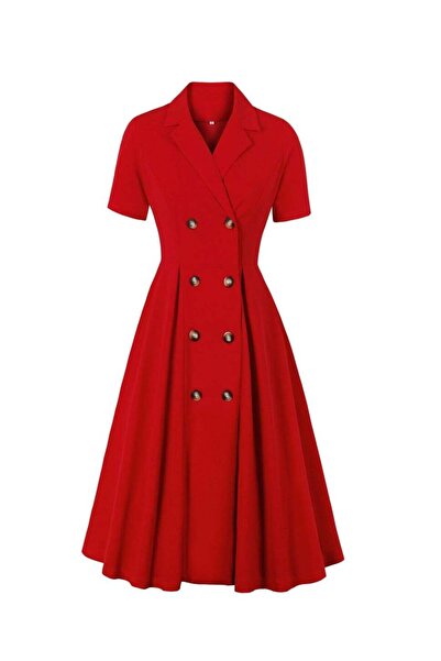 Generic Elegant Button Detail Dress Red Work Casual Dress Cocktail Swing Dress