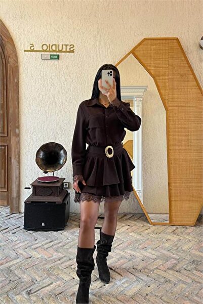 Neşeli Butik Women Brown Shirt Collar Lace Detailed Layered Mini Dress Nbmy3858