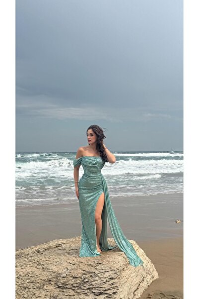 AYŞENUR DİNÇER Jasmin Pullu Düşük Omuz Abiye Su Yeşili