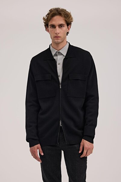 Jakamen Black Slim Fit Peter Pan collar Rayon Knitwear Jacket with Zipper Poc...