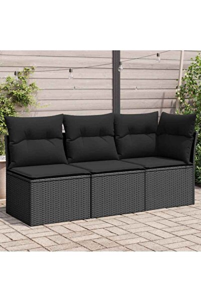 vidaxl أريكة حديقة مع وسائد، 3 مقاعد، مصنوعة من خشب الروطان الأسود