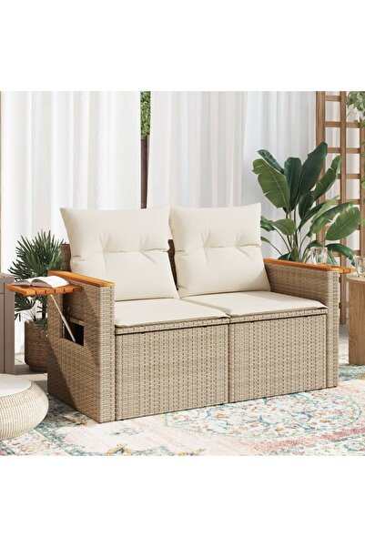 vidaxl أريكة حديقة مع وسائد، مقعدين، بيج، مصنوعة من البولي راتان