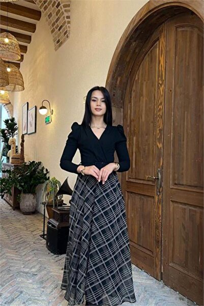 Neşeli Butik Women's Black Skirt Plaid Patterned Full Length Dress with Belt ...