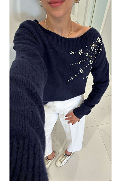 BİRCANÇİL Nonre Navy Blue Shoulder Detail Knitwear