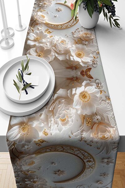 Pilloveland Runner Ramadan Ivory Patterned Suede Woven 140*40 cm - Ramadan Ka...